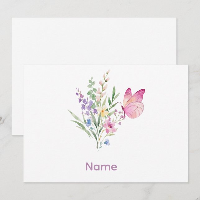 Invitación Watercolor Wildflower Bouquet with Pink Butterfly (Anverso / Reverso)