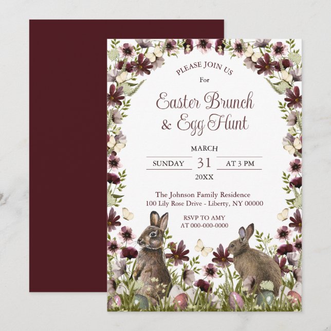 Invitación Watercolor Wildflower Bunnies Easter Sunday Brunch (Anverso / Reverso)