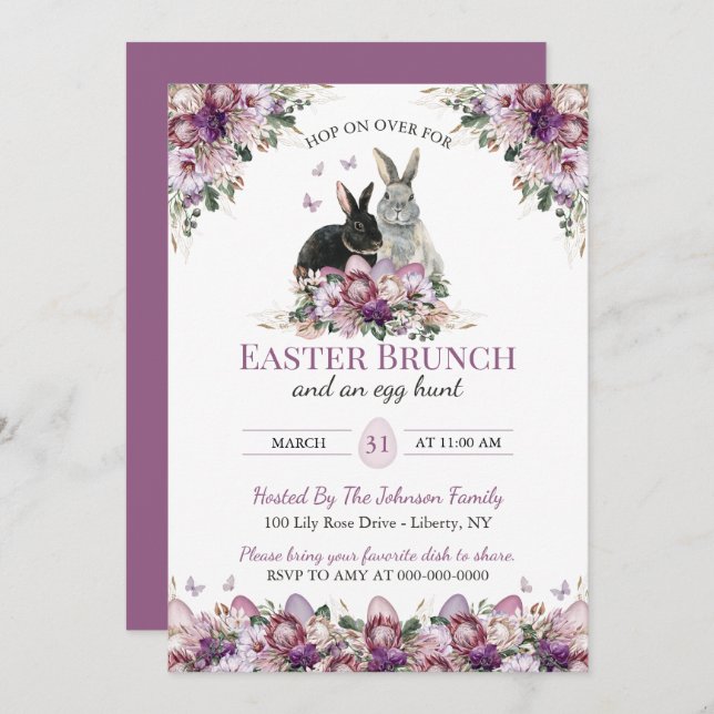 Invitación Watercolor Wildflower Bunnies Easter Sunday Brunch (Anverso / Reverso)