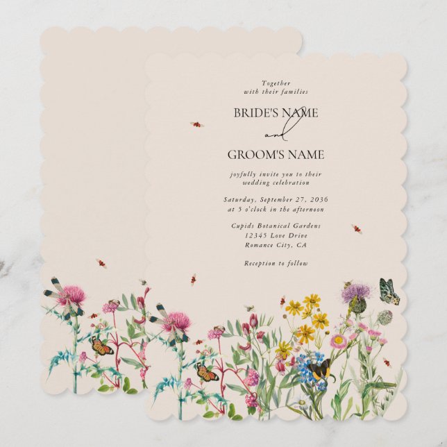 Invitación Watercolor Wildflower Garden & Insecs Boda Inv (Anverso / Reverso)