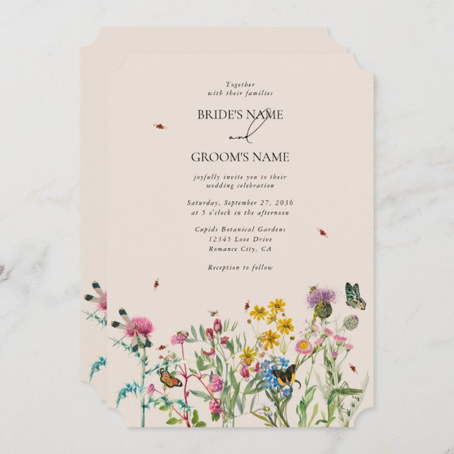 Invitación Watercolor Wildflower Garden & Insecs Boda Inv (Anverso / Reverso)