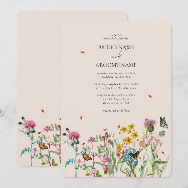 Invitación Watercolor Wildflower Garden & Insecs Boda Inv (Anverso / Reverso)