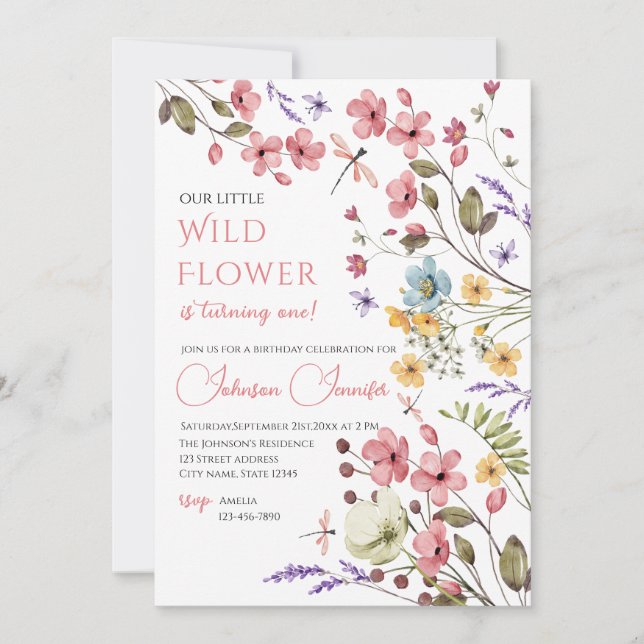 Invitación Watercolor Wildflower Girl 1st Birthday Invitation (Anverso)