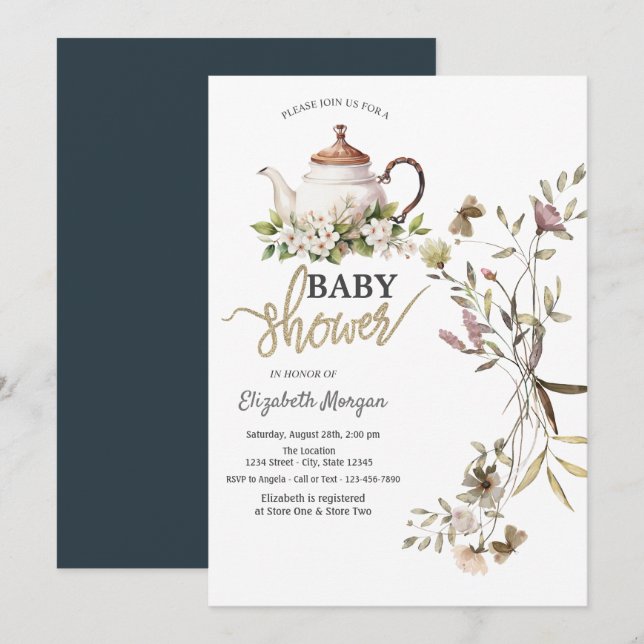 Invitación Watercolor Wildflower Tea Pot Baby Shower (Anverso / Reverso)