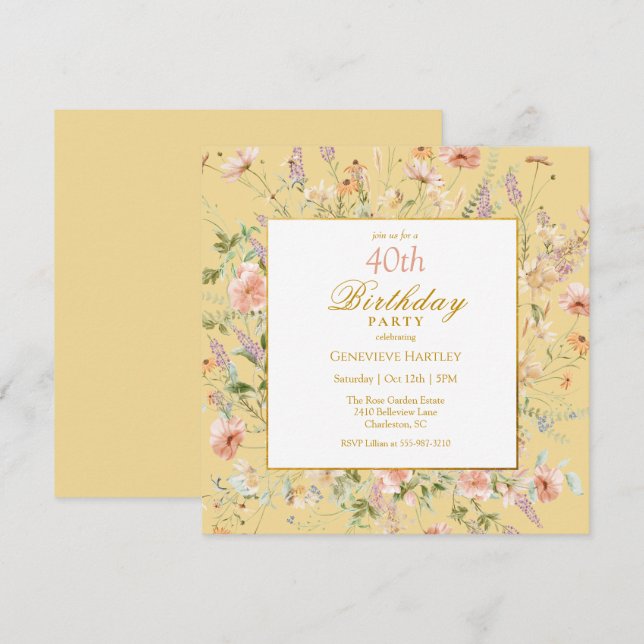 Invitación Watercolor Wildflowers 40th Yellow Birthday (Anverso / Reverso)