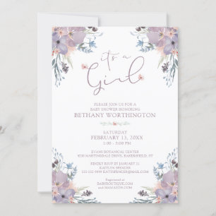 Invitación Watercolor Wildflowers Violet Chica Baby Shower