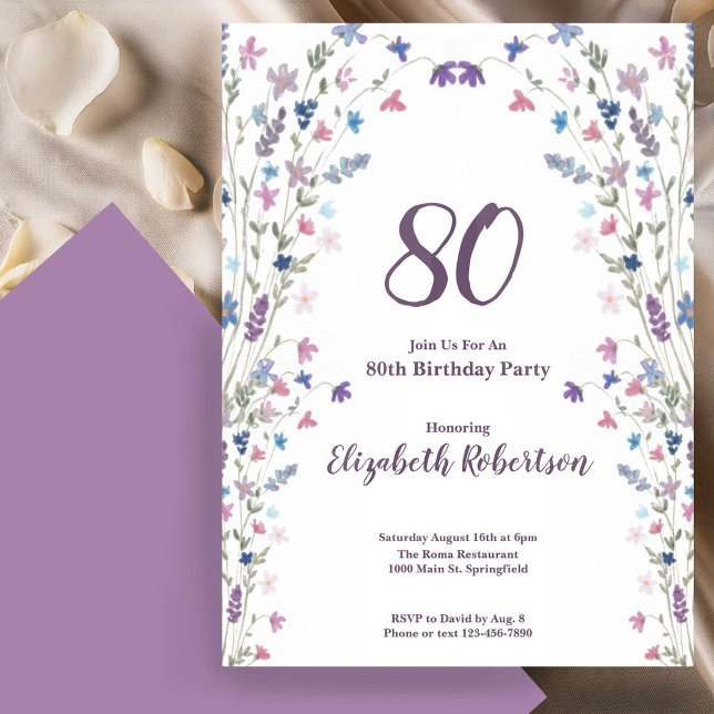 Invitación Watercolor Wildflowers Women's 80th Birthday  (Subido por el creador)
