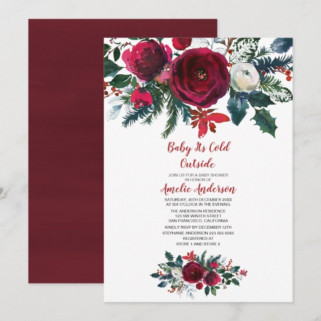 Invitación Watercolor Winter Burgundy Flowers Baby Shower (Anverso / Reverso)