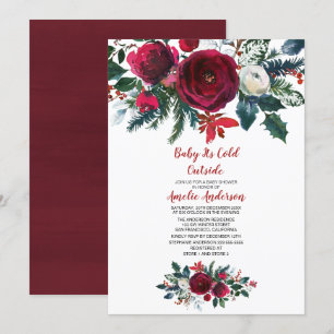 Invitación Watercolor Winter Burgundy Flowers Baby Shower