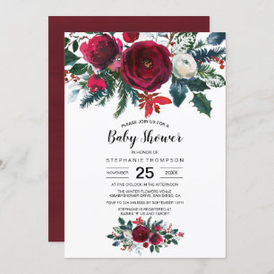 Invitación Watercolor Winter Burgundy Flowers Baby Shower