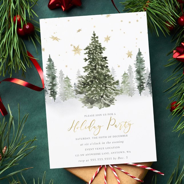 Invitación Watercolor Winter Forest Holiday Party Gold (Subido por el creador)