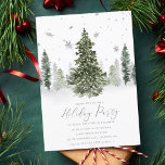 Invitación Watercolor Winter Forest Holiday Party Silver<br><div class="desc">Esta moderna invitación a una fiesta de vacaciones es una elección maravillosa para su evento. Cuenta con ilustraciones de árboles de color verde acuático y falsos copos de nieve de Relieve metalizado plateado. El tipo de letra del guión de caligrafía de moda se combina con un serif clásico para un...</div>