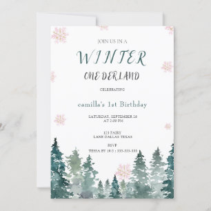 Invitación Watercolor Winter Forest Onederland 1er cumpleaños