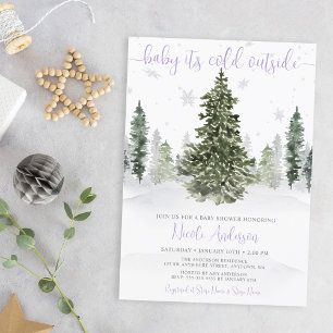 Invitación Watercolor Winter Forest Purple Baby Shower
