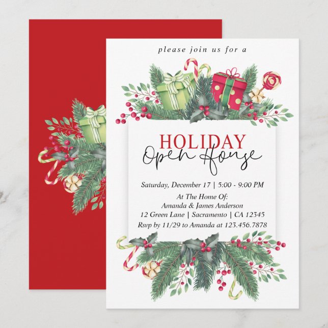Invitación Watercolor Winter Greenery Holiday Open House (Anverso / Reverso)