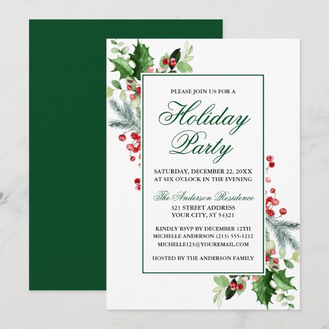Invitación Watercolor Winter Greenery Holly Holiday Party (Anverso / Reverso)