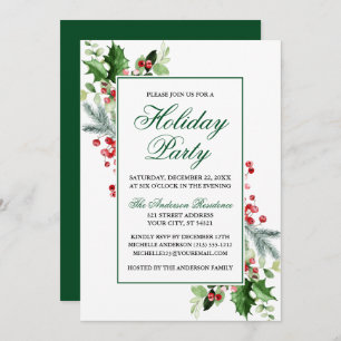 Invitación Watercolor Winter Greenery Holly Holiday Party