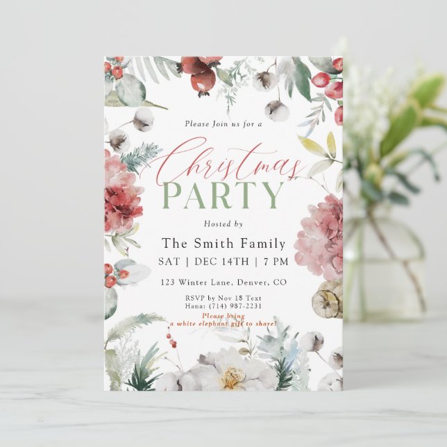 Invitación Watercolor Winter Holiday Floral Christmas Party (Anverso de pie)