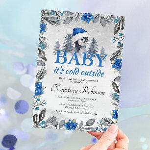 Invitación Watercolor Winter Pingüino Azul Baby Shower