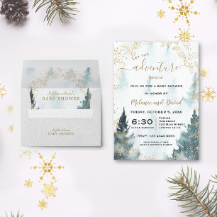 Invitación Watercolor Winter Scenery Gold Wreath Baby Shower