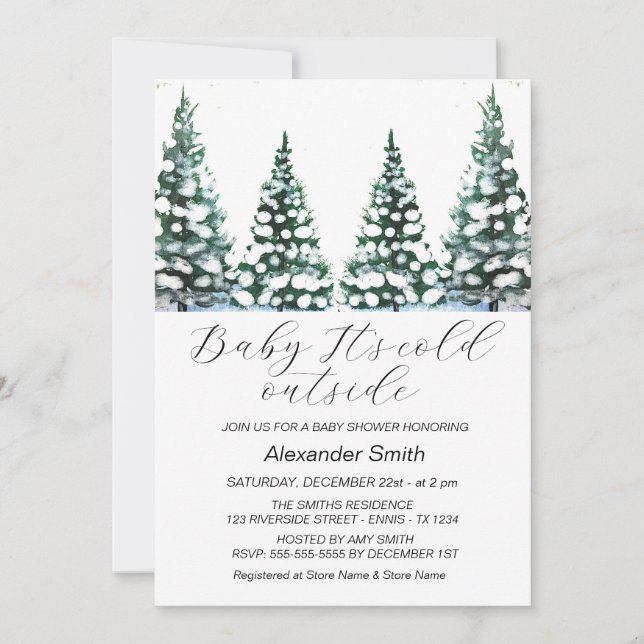 Invitación Watercolor Winter Tree Forest Boy Baby Shower (Anverso)