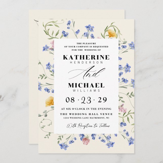 Invitación Watercolor Wldflowers Meadow Details RSVP Wedding (Anverso / Reverso)