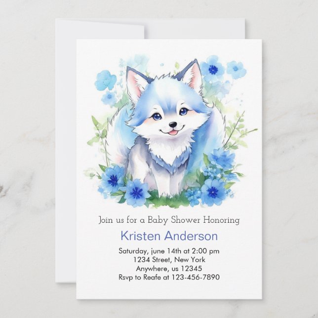 Invitación Watercolor Wolf Whimsical Boy Baby Shower (Anverso)