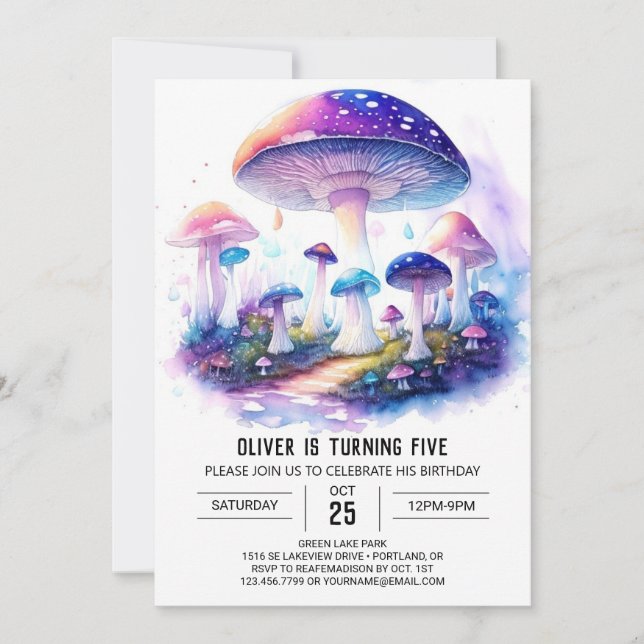 Invitación Watercolor Wonderland Mushroom Cumpleaños (Anverso)