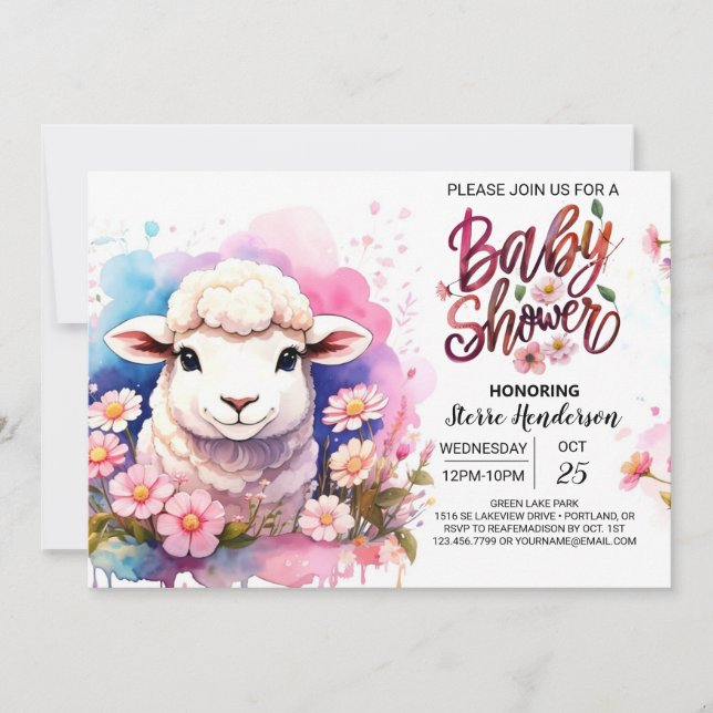 Invitación Watercolor Wonderland Sheep Chica Baby Shower (Anverso)
