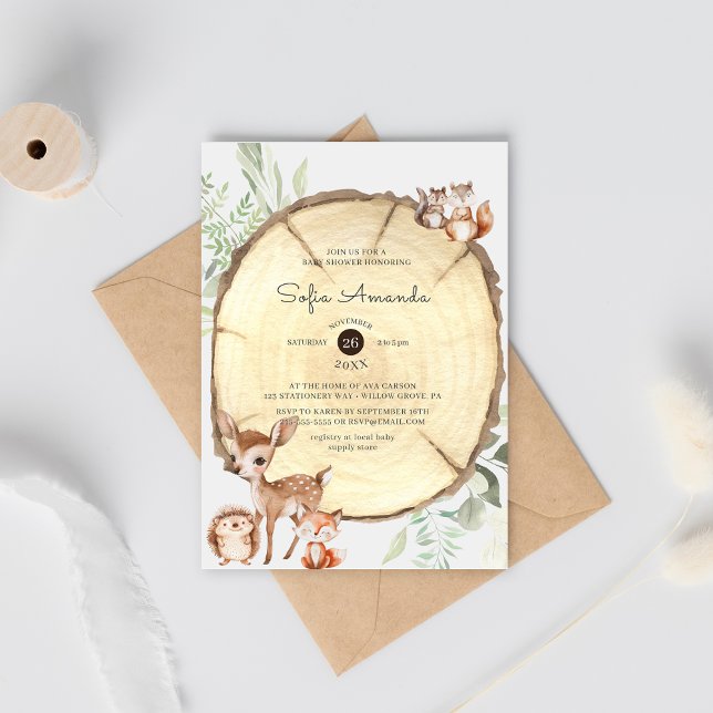Invitación Watercolor Wood Slices Woodland Baby Shower (Subido por el creador)