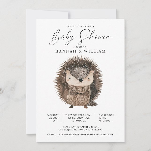 Invitación Watercolor Woodland Animal Hedgehog Baby Shower (Anverso)