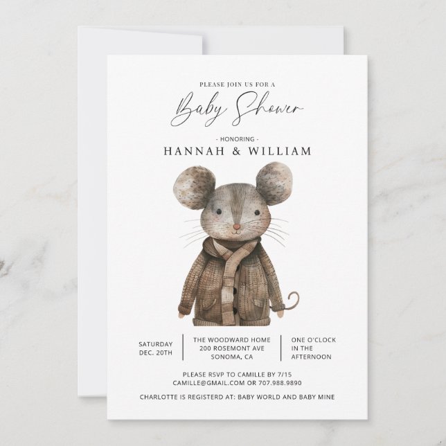 Invitación Watercolor Woodland Animal Mouse Baby Shower (Anverso)