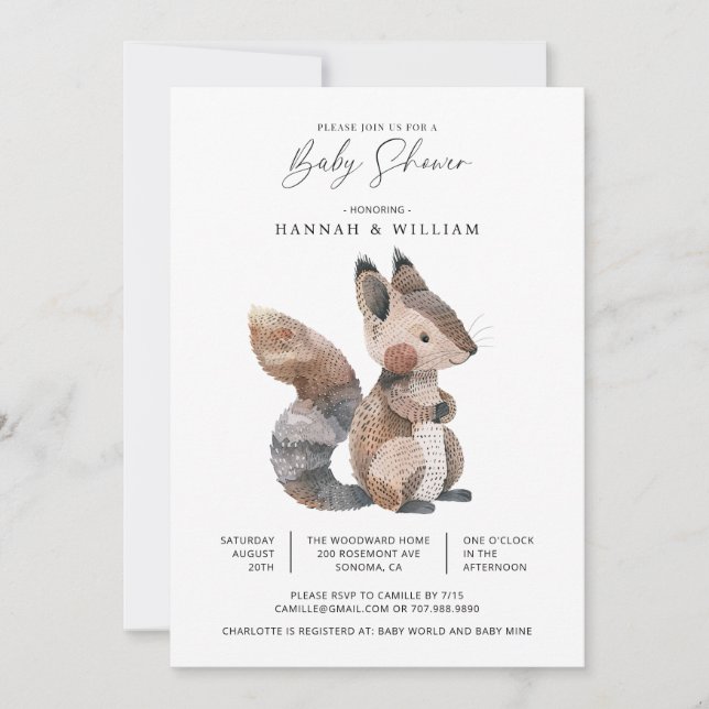 Invitación Watercolor Woodland Animal Squirrel Baby Shower (Anverso)