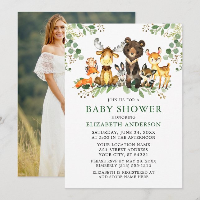 Invitación Watercolor Woodland Animales Green Shower Photo (Anverso / Reverso)