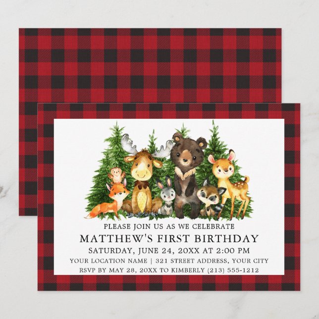 Invitación Watercolor Woodland Animales Jugados Primer Cumple (Anverso / Reverso)
