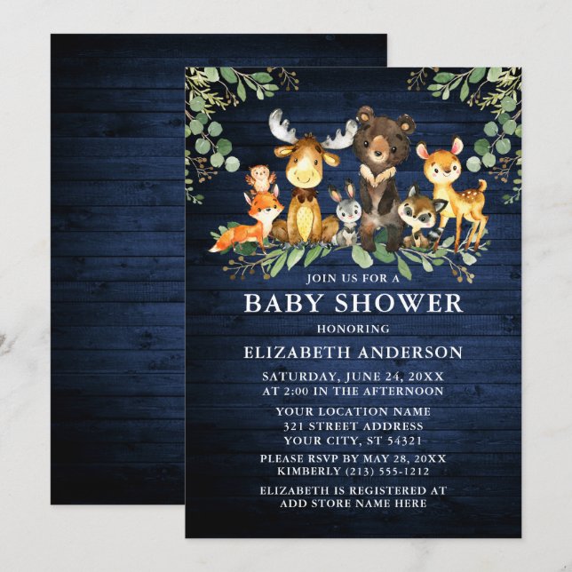 Invitación Watercolor Woodland Animales Wood Greenery Shower (Anverso / Reverso)