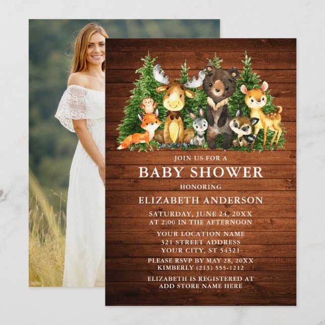 Invitación Watercolor Woodland Animales Wood Shower Photo (Anverso / Reverso)