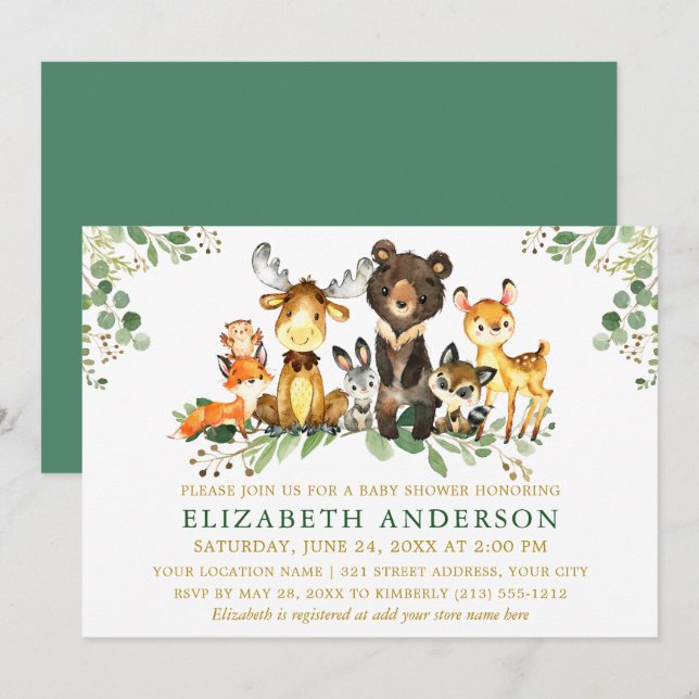 Invitación Watercolor Woodland Animals Baby Shower Gold (Anverso / Reverso)