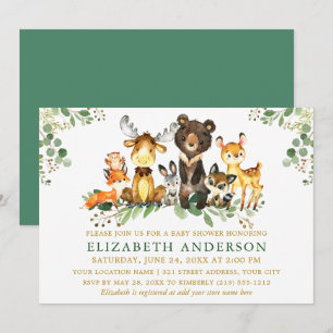 Invitación Watercolor Woodland Animals Baby Shower Gold