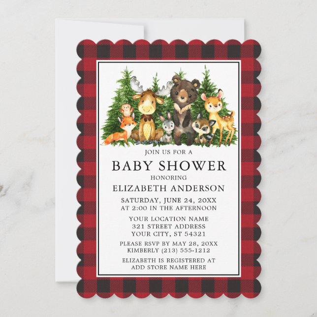 Invitación Watercolor Woodland Animals Baby Shower Plaid (Anverso)