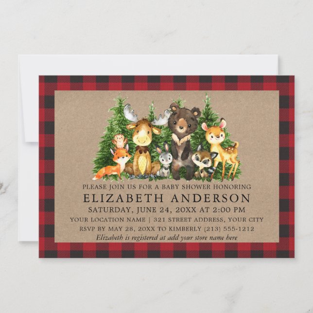 Invitación Watercolor Woodland Animals Baby Shower Rustic (Anverso)