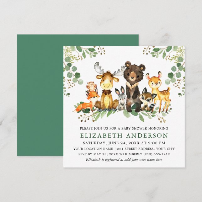 Invitación Watercolor Woodland Animals Baby Shower Square (Anverso / Reverso)