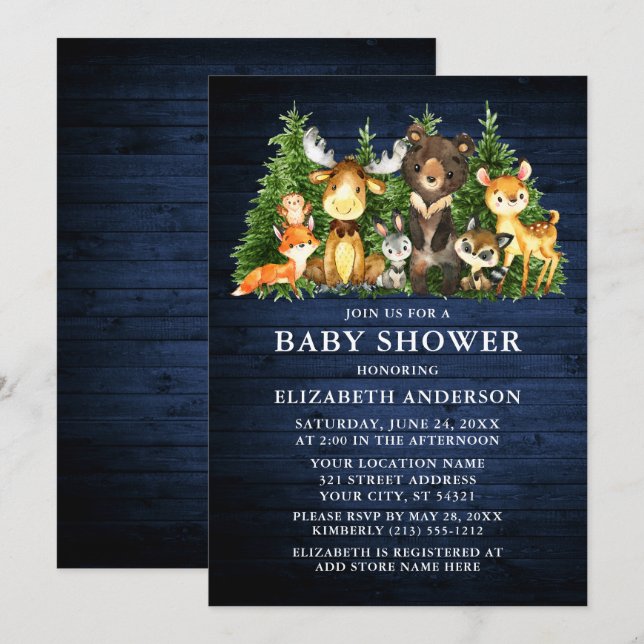Invitación Watercolor Woodland Animals Blue Wood Shower (Anverso / Reverso)