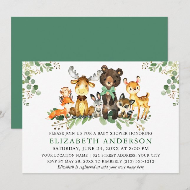 Invitación Watercolor Woodland Animals Bow Baby Shower (Anverso / Reverso)