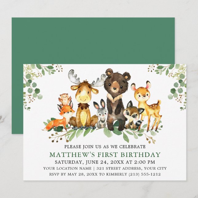 Invitación Watercolor Woodland Animals First Birthday Green (Anverso / Reverso)