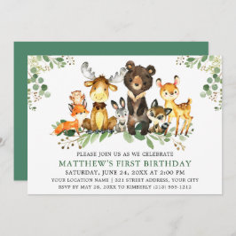 Invitación Watercolor Woodland Animals First Birthday Green