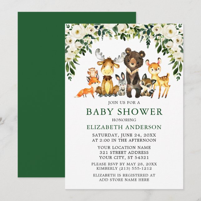 Invitación Watercolor Woodland Animals Floral Baby Shower (Anverso / Reverso)