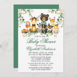 Invitación Watercolor Woodland Animals Green Bow Baby Shower