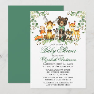 Invitación Watercolor Woodland Animals Green Bow Baby Shower