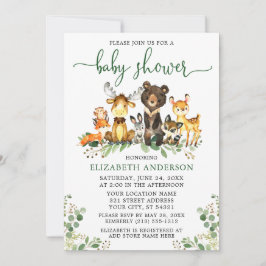 Invitación Watercolor Woodland Animals Green Script Shower